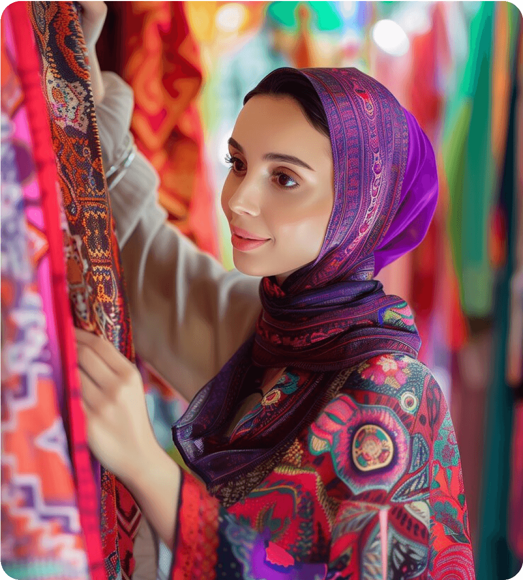 Person looking at colorful textile